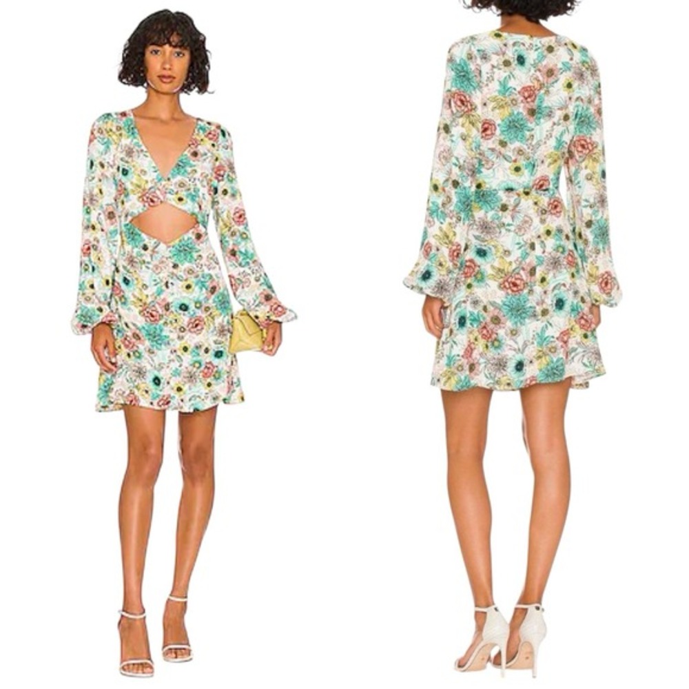 AFRM Womens Cutout Long Sleeve Mini Dress Size L Floral Sayla Teal Garden V Neck